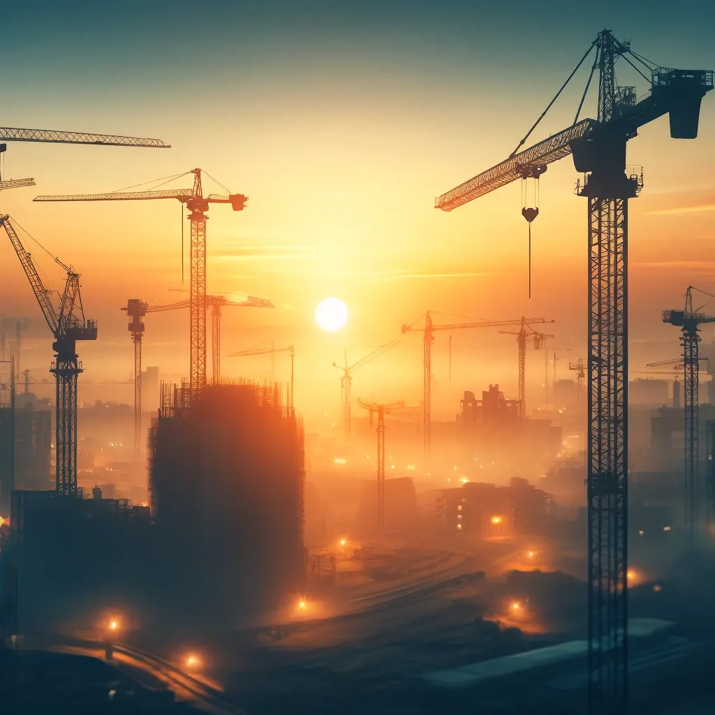 Illustration of several tower cranes over a city construction site at sunrise