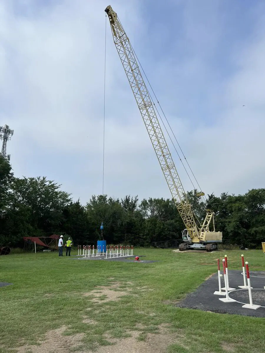 Lattice crawler crane on the practical course for lattice boom crane training