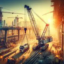 Illustration of a crawler crane and tower cranes working on a construction site at sunrise
