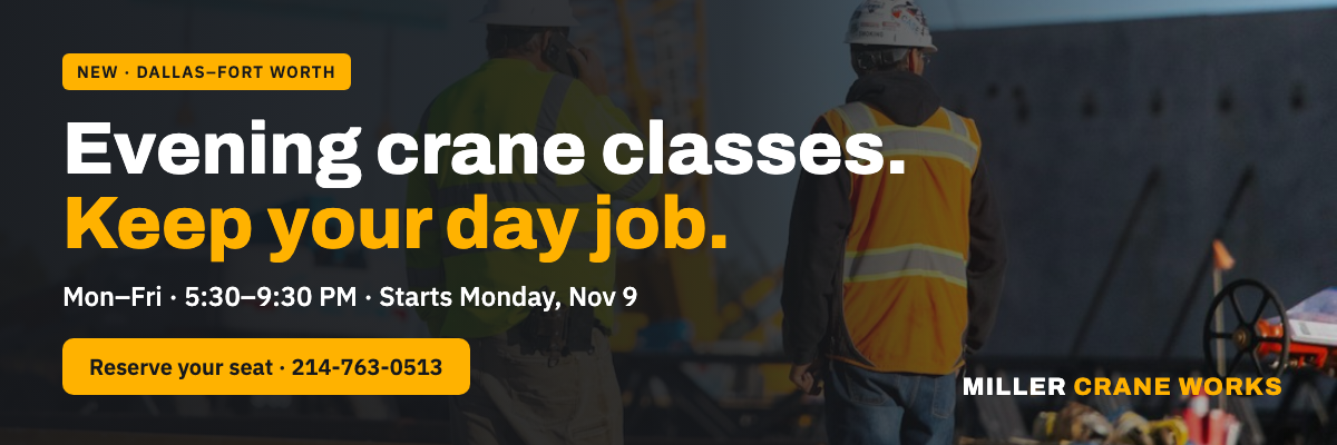 Evening crane classes in Dallas–Fort Worth, Monday to Friday 5:30 to 9:30 PM, starting November 9. Reserve your seat.